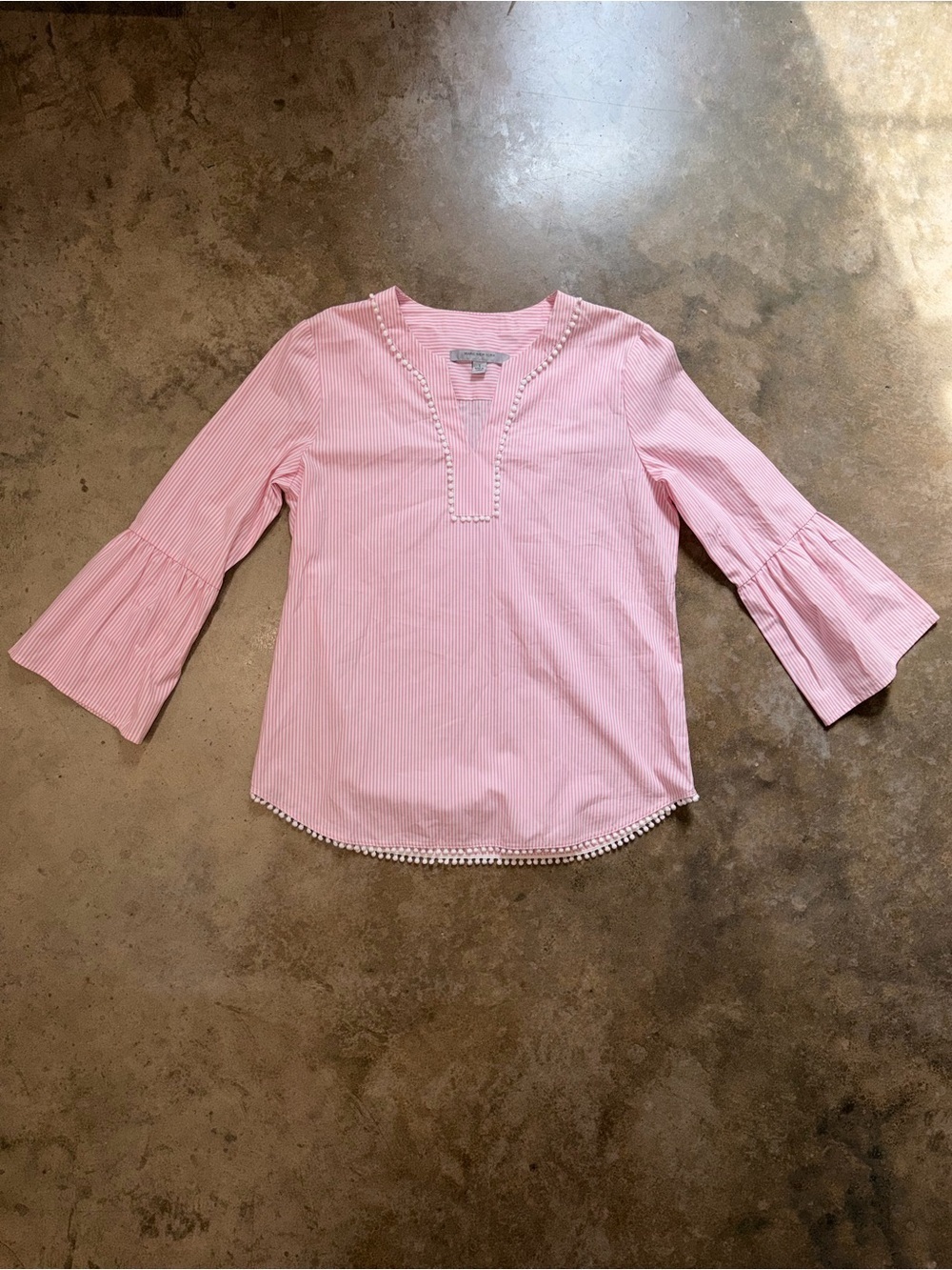 Marc New York Andrew Marc Pink Stripe Bell Sleeve Pom Trim Blouse Preppy Coastal